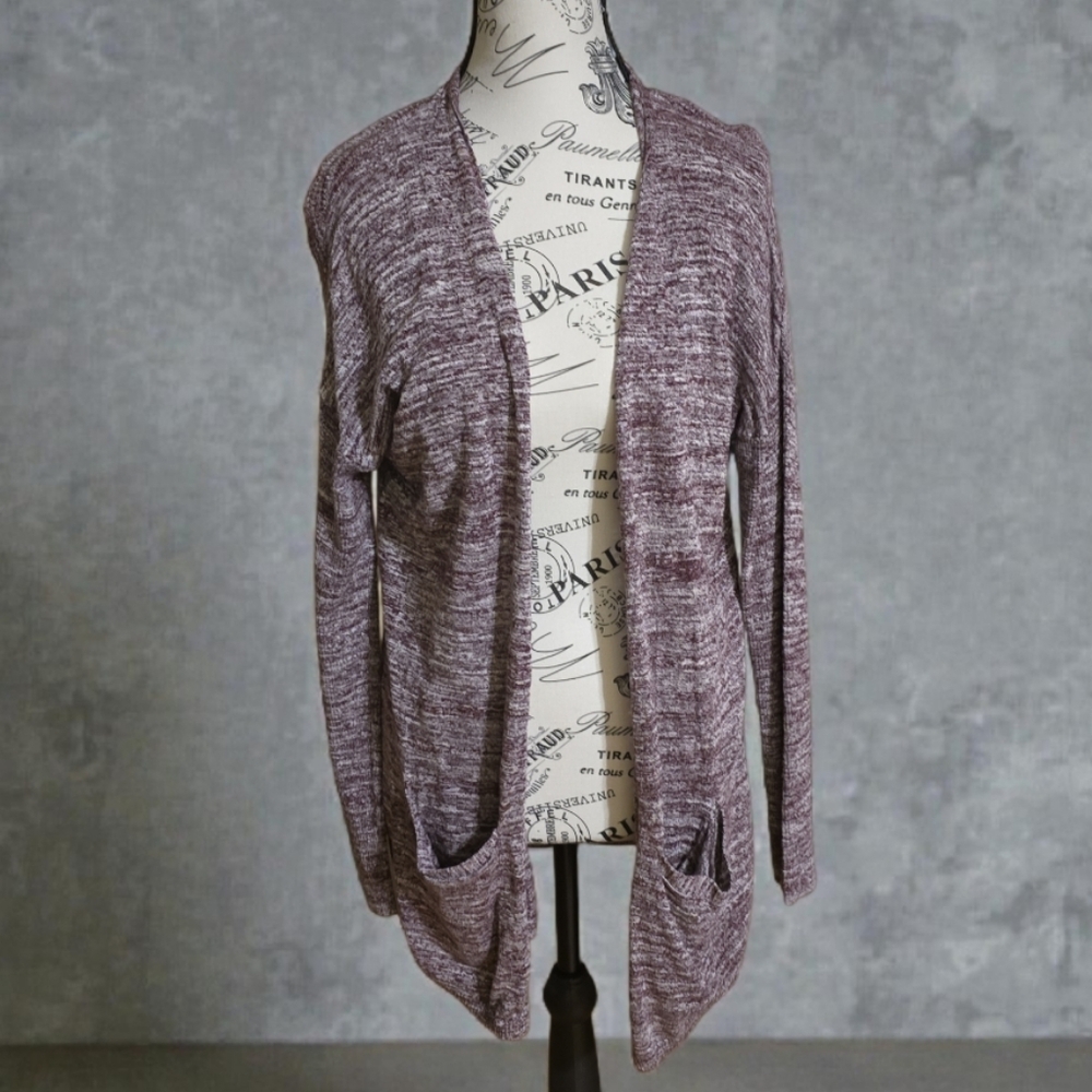 LOFT Heathered Plum Long Sleeve Draped Cardigan